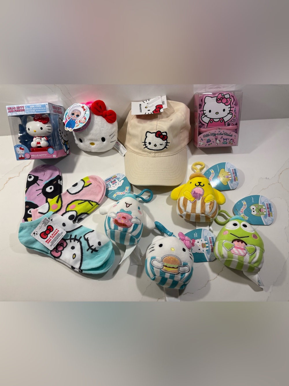 *HELLO KITTY HAUL !* 11 Items: Cap, Socks, Squishmallows, Bobblehead, Plush, Etc